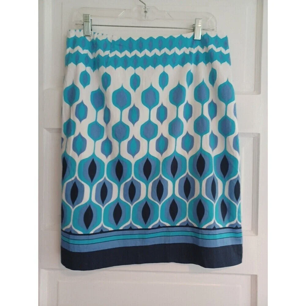 Talbots vintage blue white retro print pencil skirt 10 cotton stretch lined